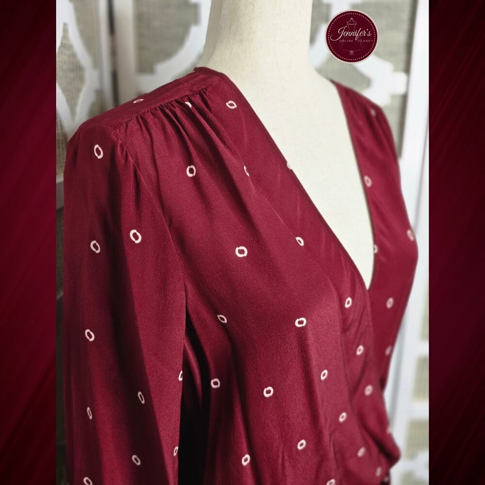 J. Crew Burgundy Maroon Wine Silk Long Sleeve Wrap Blouse Size Large - Picture 3 of 13